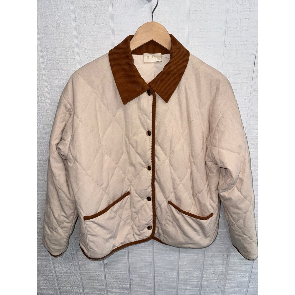 Entro Quilted Jacket Women Cream Brown Corduroy Trim Barn Coat Small